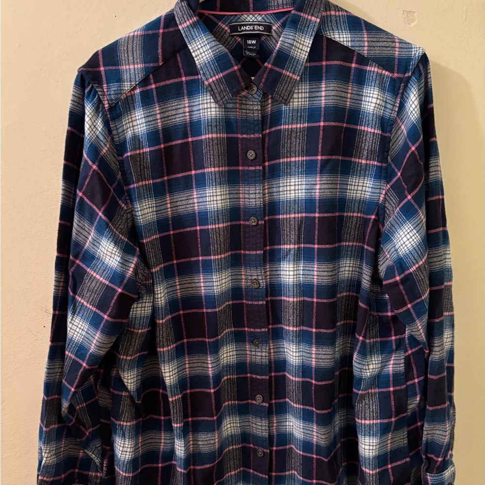 Lands' End Women's Blue and Pink Plaid Button Down Shirt